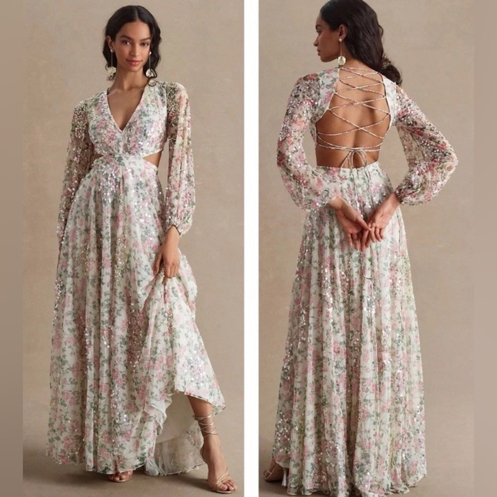 NWT $698 MAC DUGGAL Sequined Floral Print Cut Out Lace Up Gown Dress Maxi 93796